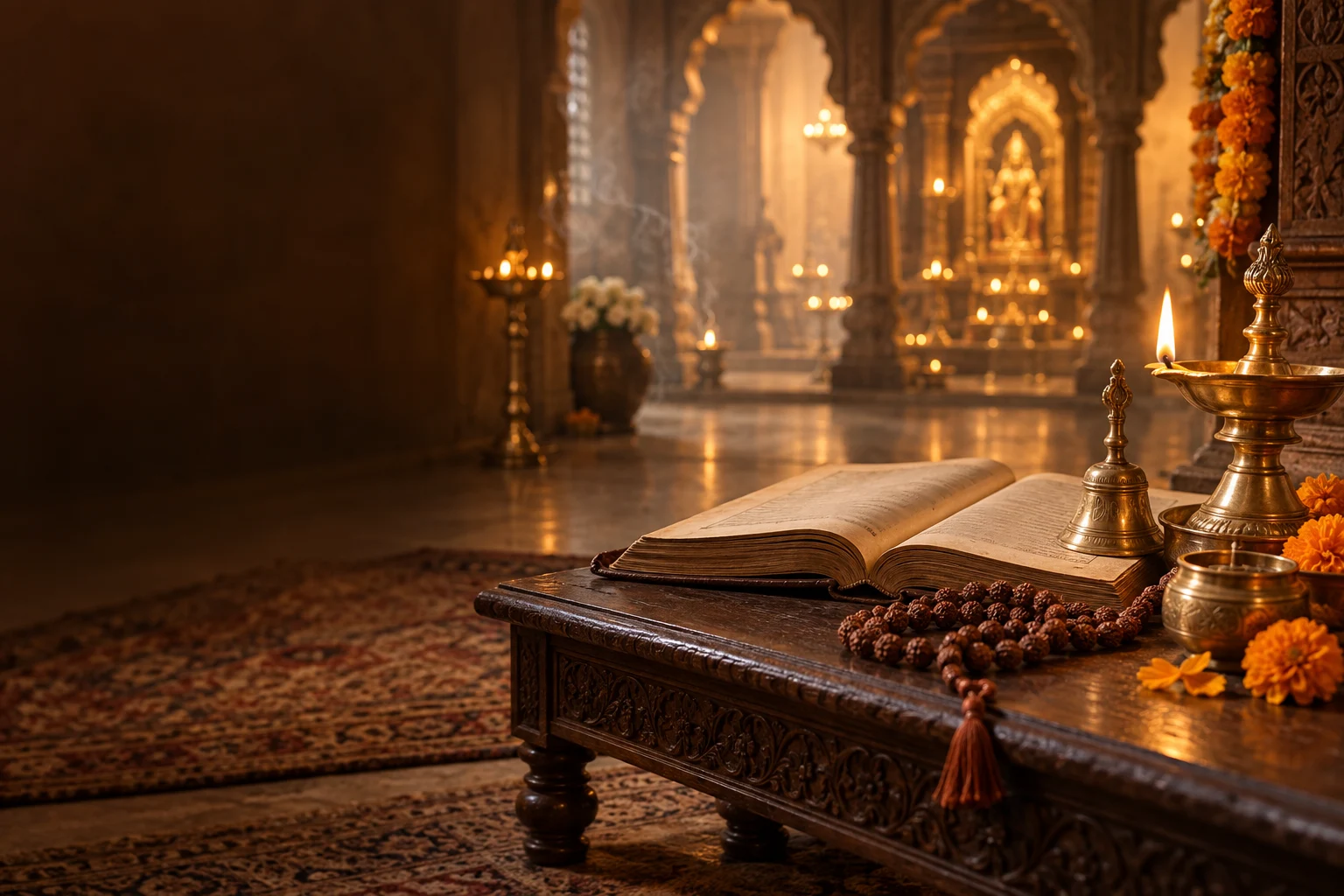 Illustrative devotional book, prayer beads and a diya