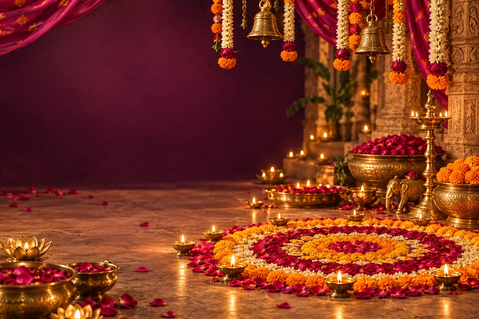 Original festive devotional artwork of a marigold rangoli