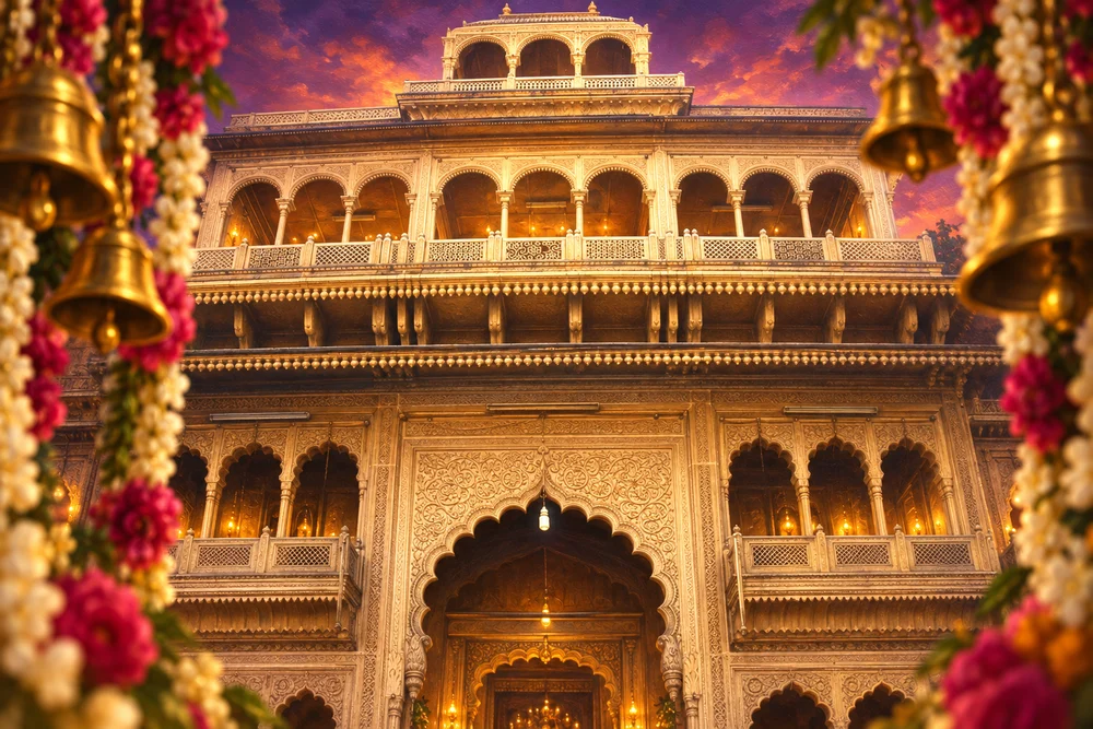 Painterly artistic interpretation of Banke Bihari Temple in Vrindavan for a darshan journey, not a live view