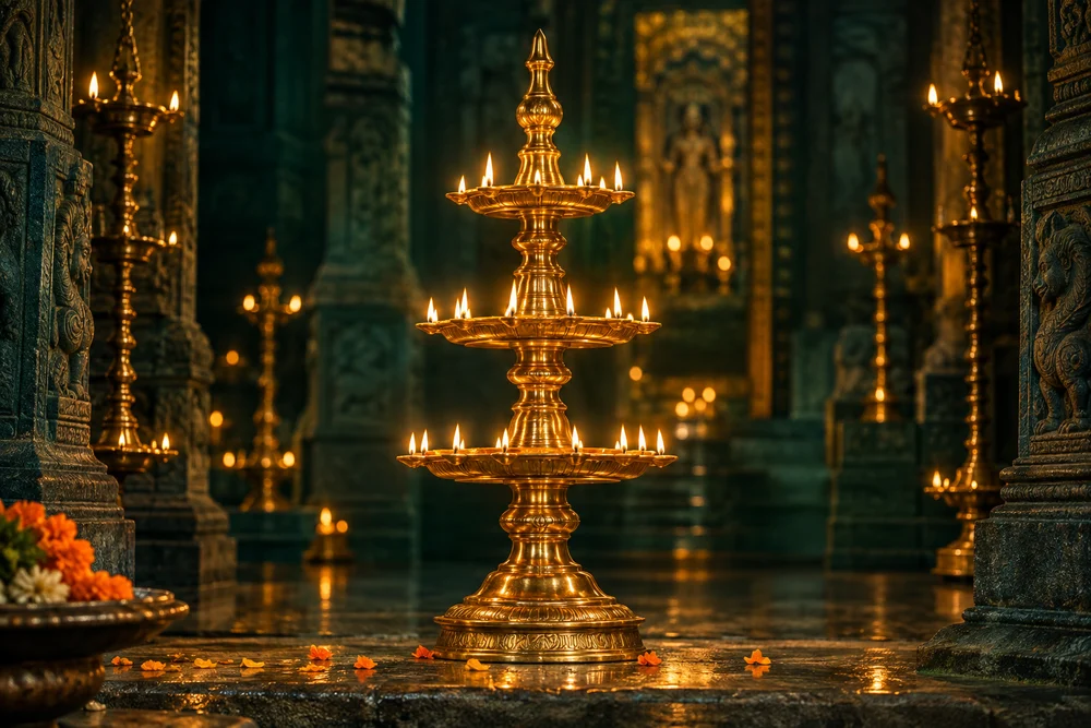 Original devotional artwork of a deepmala glowing with many lamps