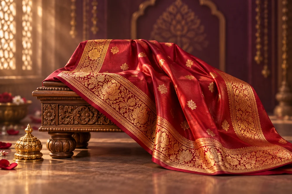 Original devotional artwork of red and gold sacred cloth draped over an altar
