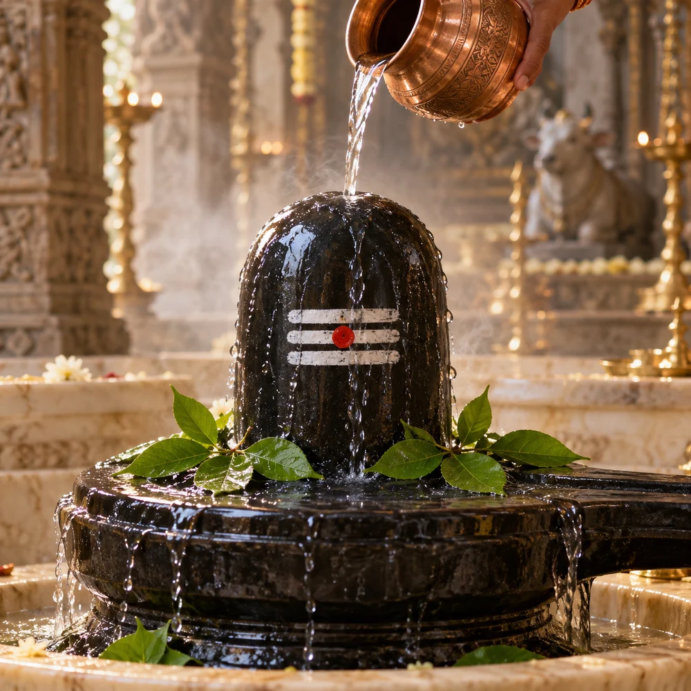 Original devotional artwork showing a close-up of abhishek being poured over a Shiva lingam
