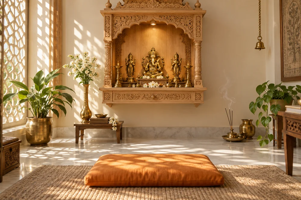 Original devotional artwork of a peaceful home puja corner