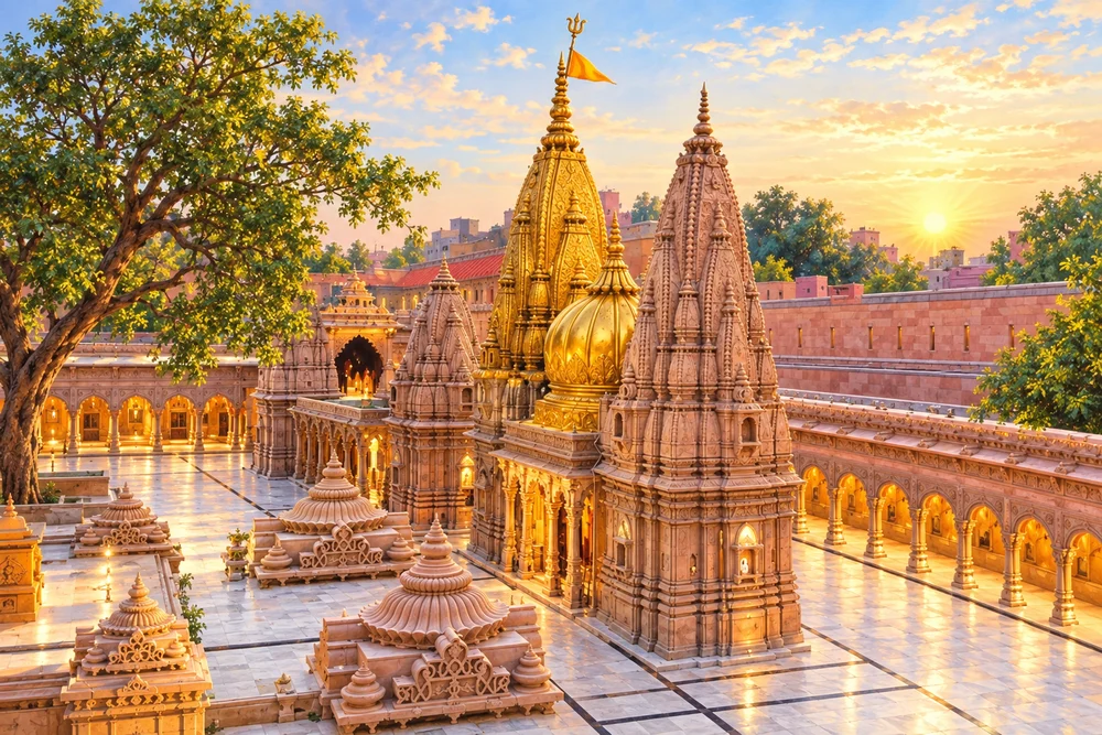 Original artistic interpretation of Shri Kashi Vishwanath temple architecture, not a documentary photograph