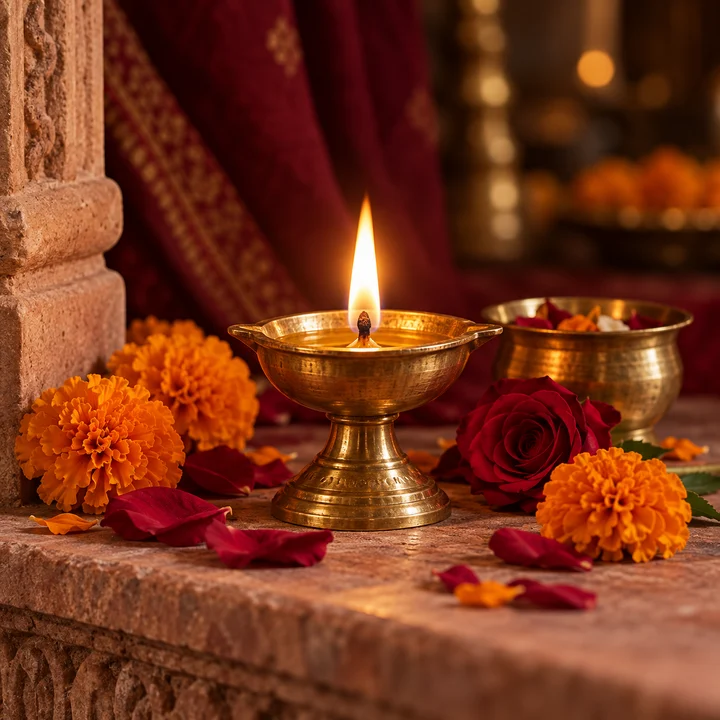 Illustrative brass diya with a lit flame and flowers