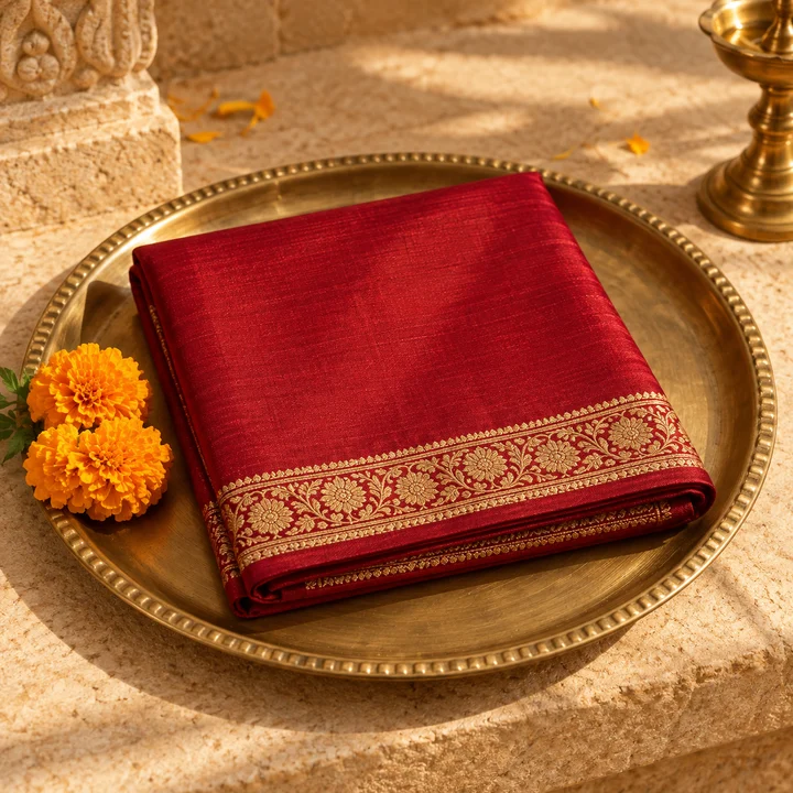 Illustrative red sacred cloth with a gold border on a brass plate