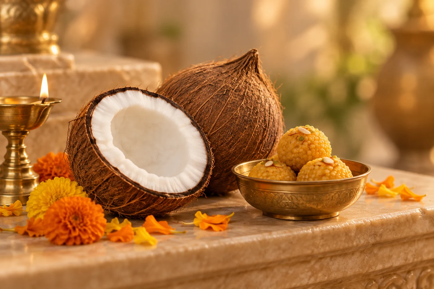 Illustrative Coconut & Prasad devotional artwork