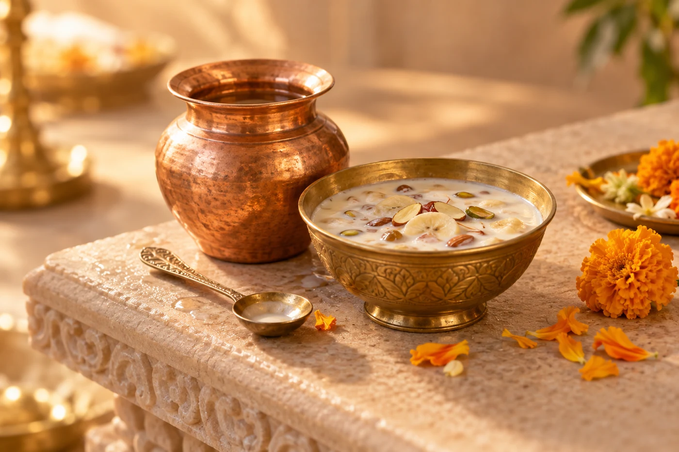 Illustrative copper vessel and brass bowl arranged with panchamrit